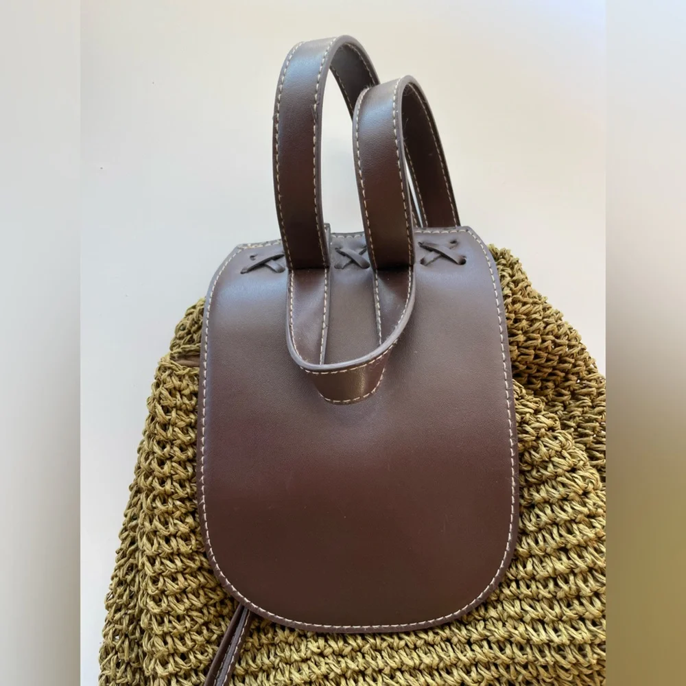 Cappelli Straworld Olive Green Woven Raffia Backpack Brown Faux Leather Trim‎